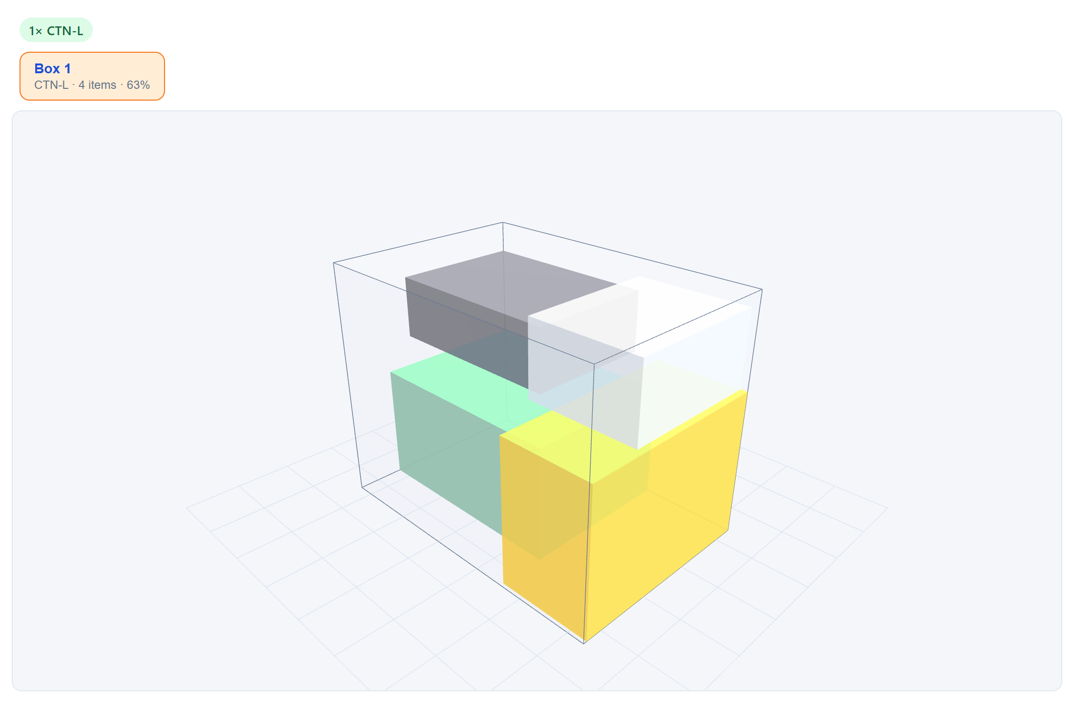3D load diagram showing carton fill, pack sequence, and outer cube for REF-DEMO-01