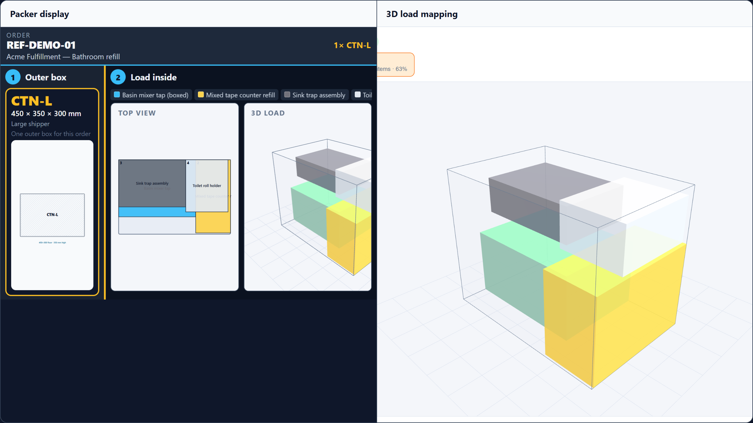 Live packer display and 3D load mapping for order REF-DEMO-01
